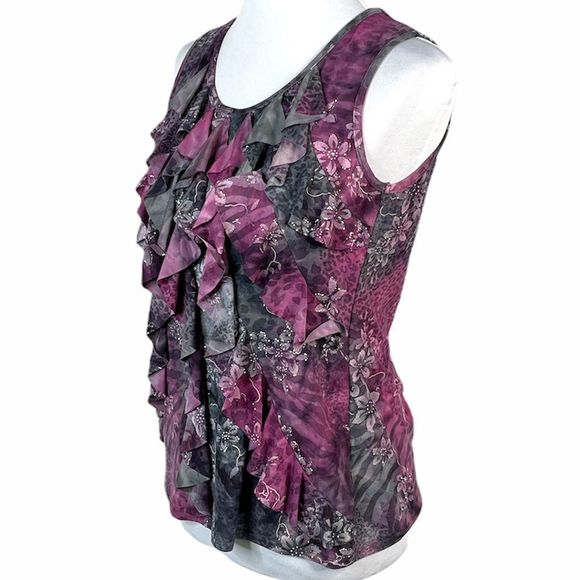 Dressbarn Floral and Animal Print Blouse, Purple, Gray, Petite Medium - Picture 4 of 9
